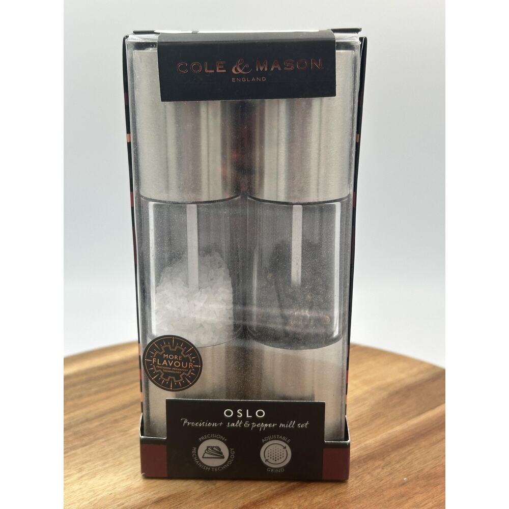 Cole & Mason Oslo Salt & Pepper Mill Set Adjustable Grind Acrylic Silver Medium
